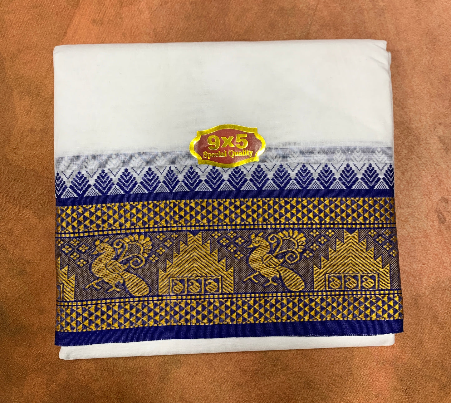 9X5 Cotton Dhoti White with Blue and Pink Ganga Jamuna Border