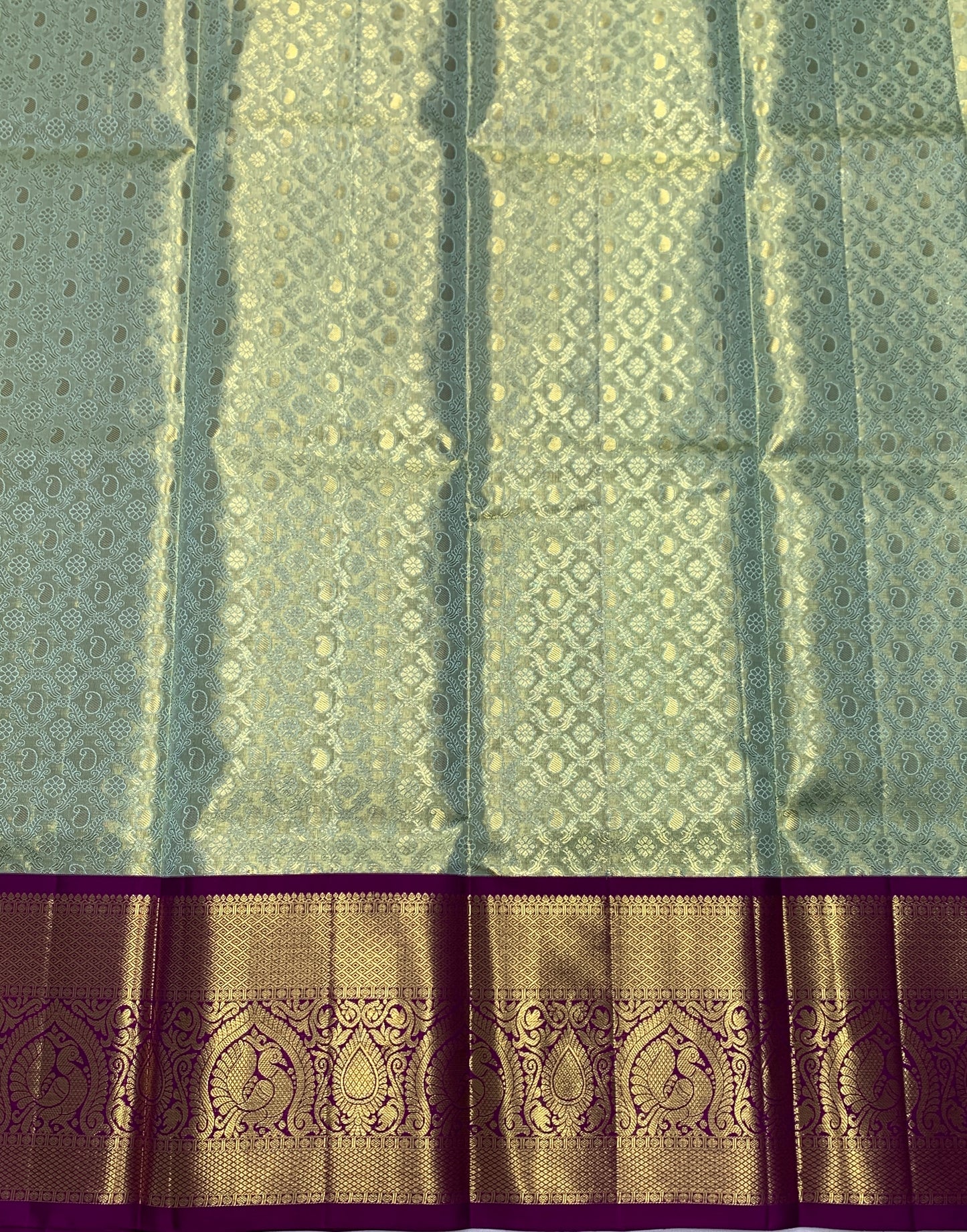 Apple Green Shade Pure Kanchipuram Kids Pattu Pavadai with Contrast Border for age 5 to 10