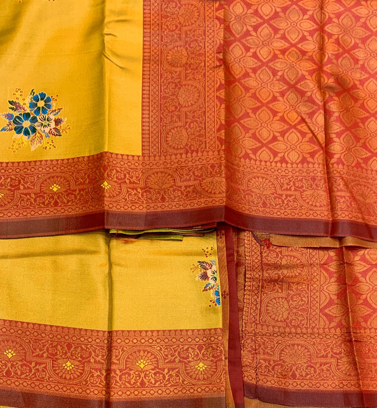 Fancy Tissue Saree Mustard Colour with Maroon Border