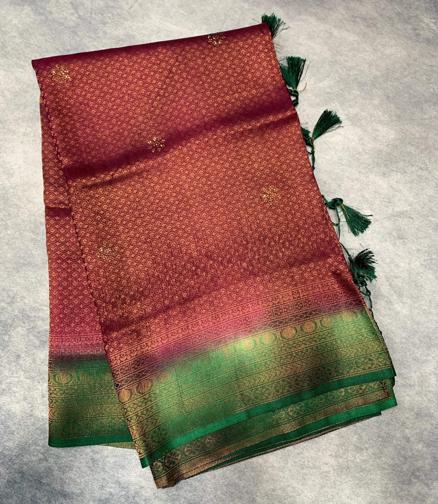 Soft Silk Saree Beetroot Pink Colour and Stone Work with Green Colour Pallu