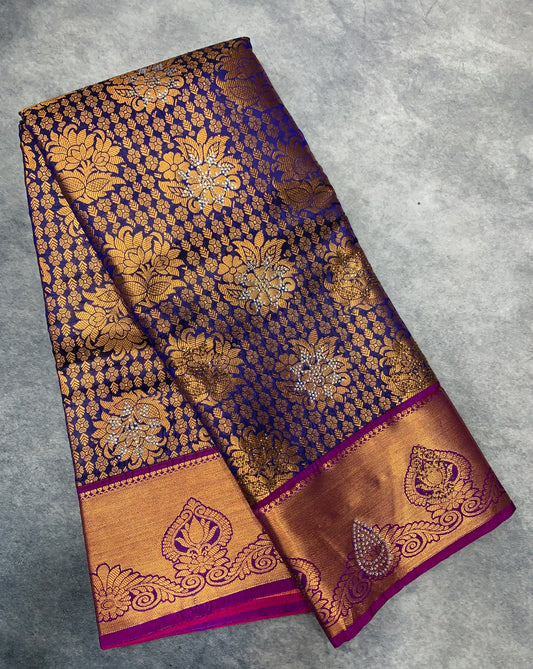 Vegan Silk Saree Blue Colour with Copper and Magenta Border