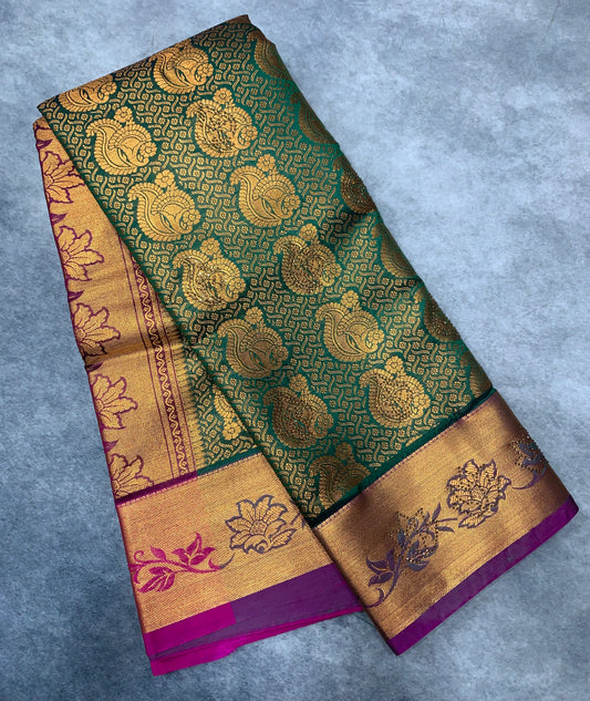 Vegan Silk Saree Green Colour with Copper and Magenta Border