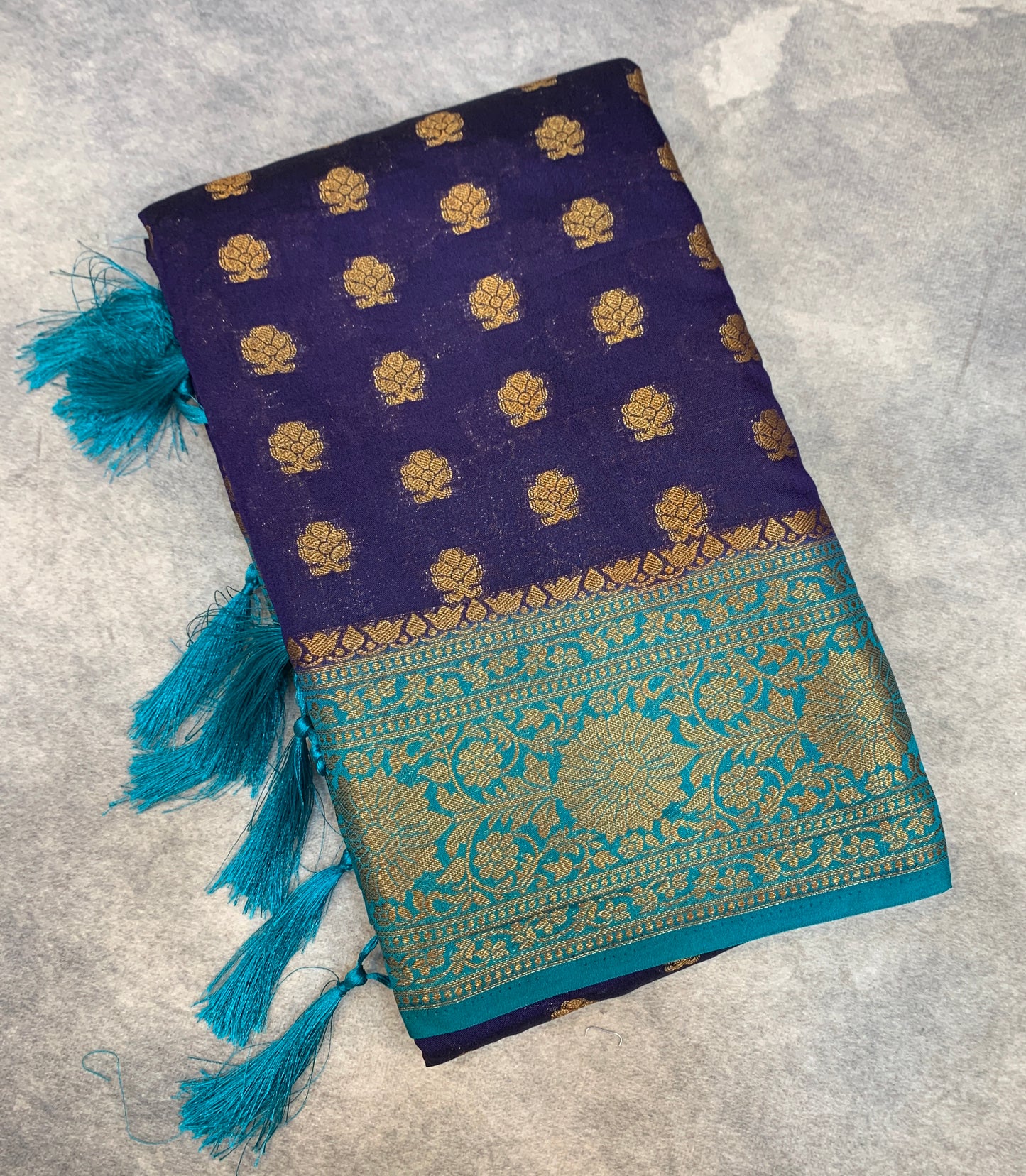 Crepe Saree Navy Blue Colour with Sky Blue Border