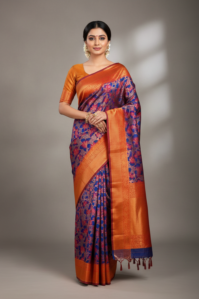 Art Silk Saree Blue Colour with Butterfly Design