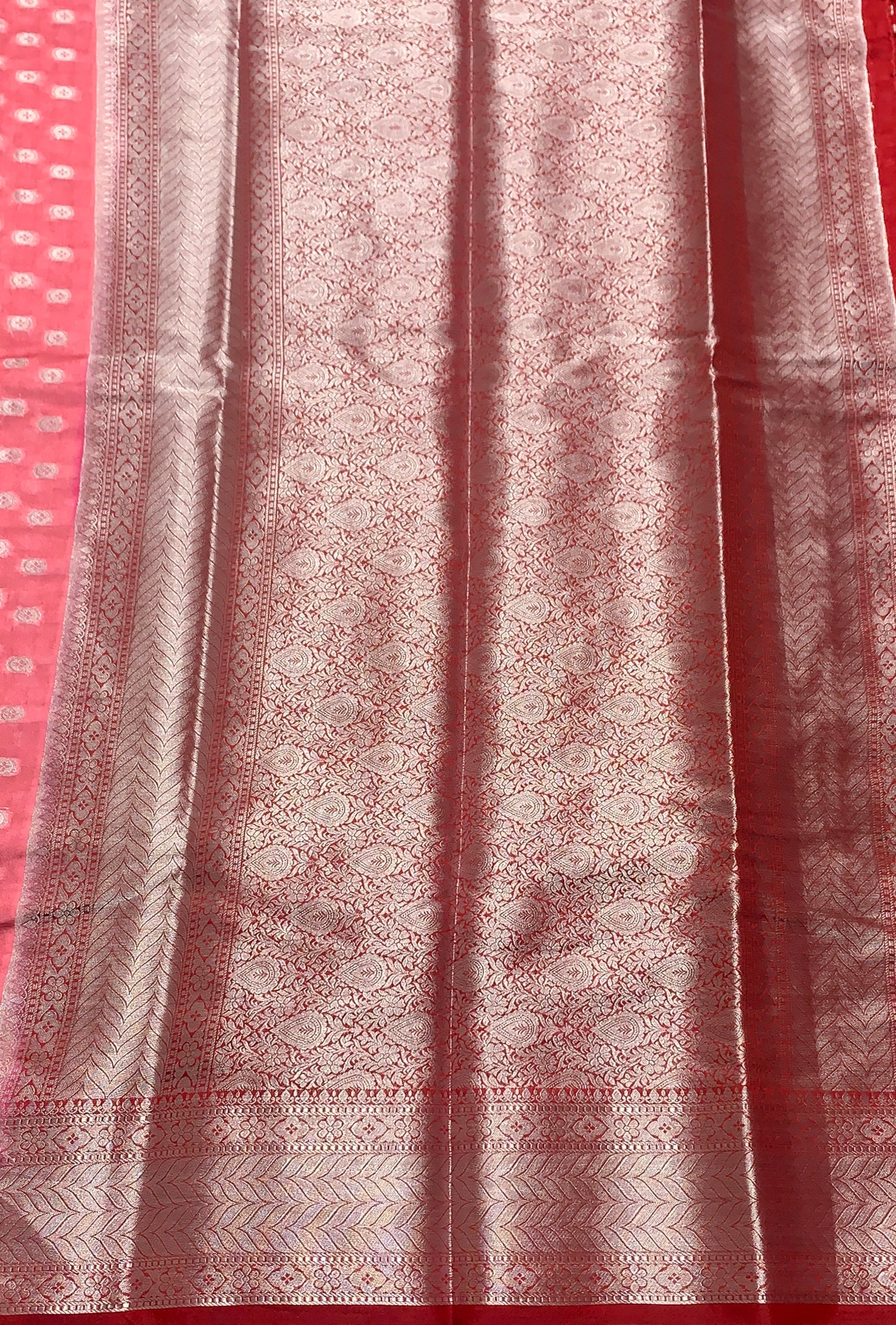 Crepe Saree Peach Colour with Red Border