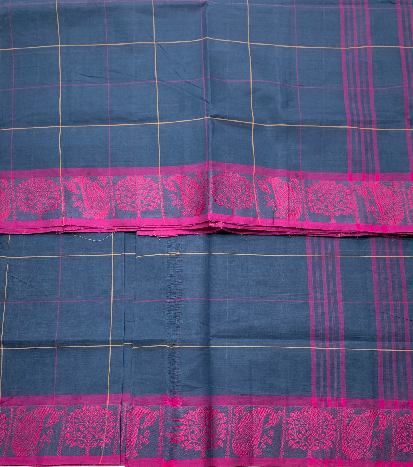 Chettinad Cotton Saree Navy Blue Colour with Pink Border