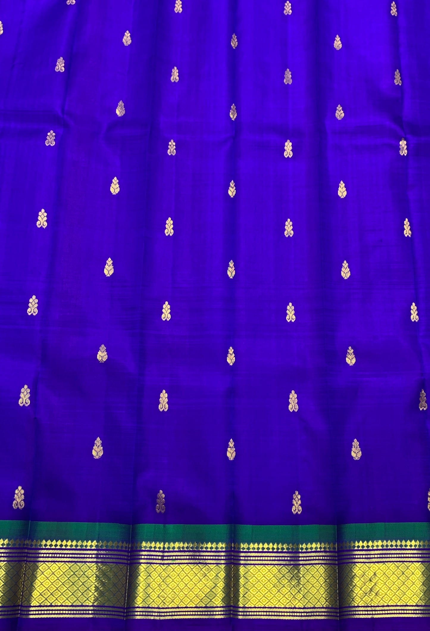 Pure Kanchipuram Silk Saree Blue Colour with Green and Gold Zari Border