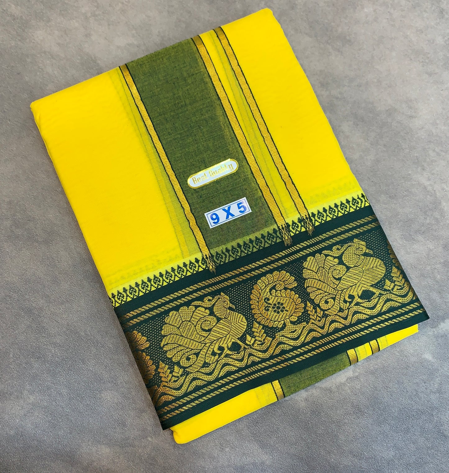 9X5 Cotton Dhoti Yellow Green and Maroon Zari Border with Angavastram