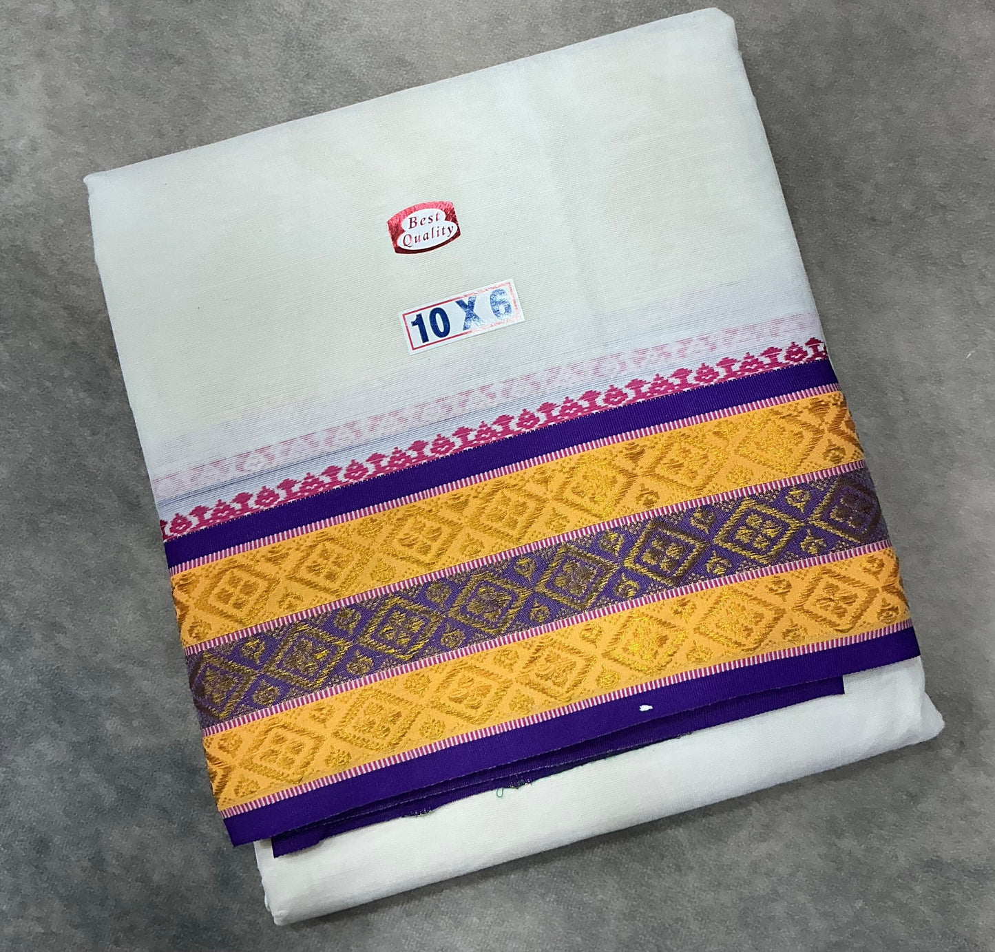 10X6 Cotton Dhoti White Colour with Yellow and Violet Border