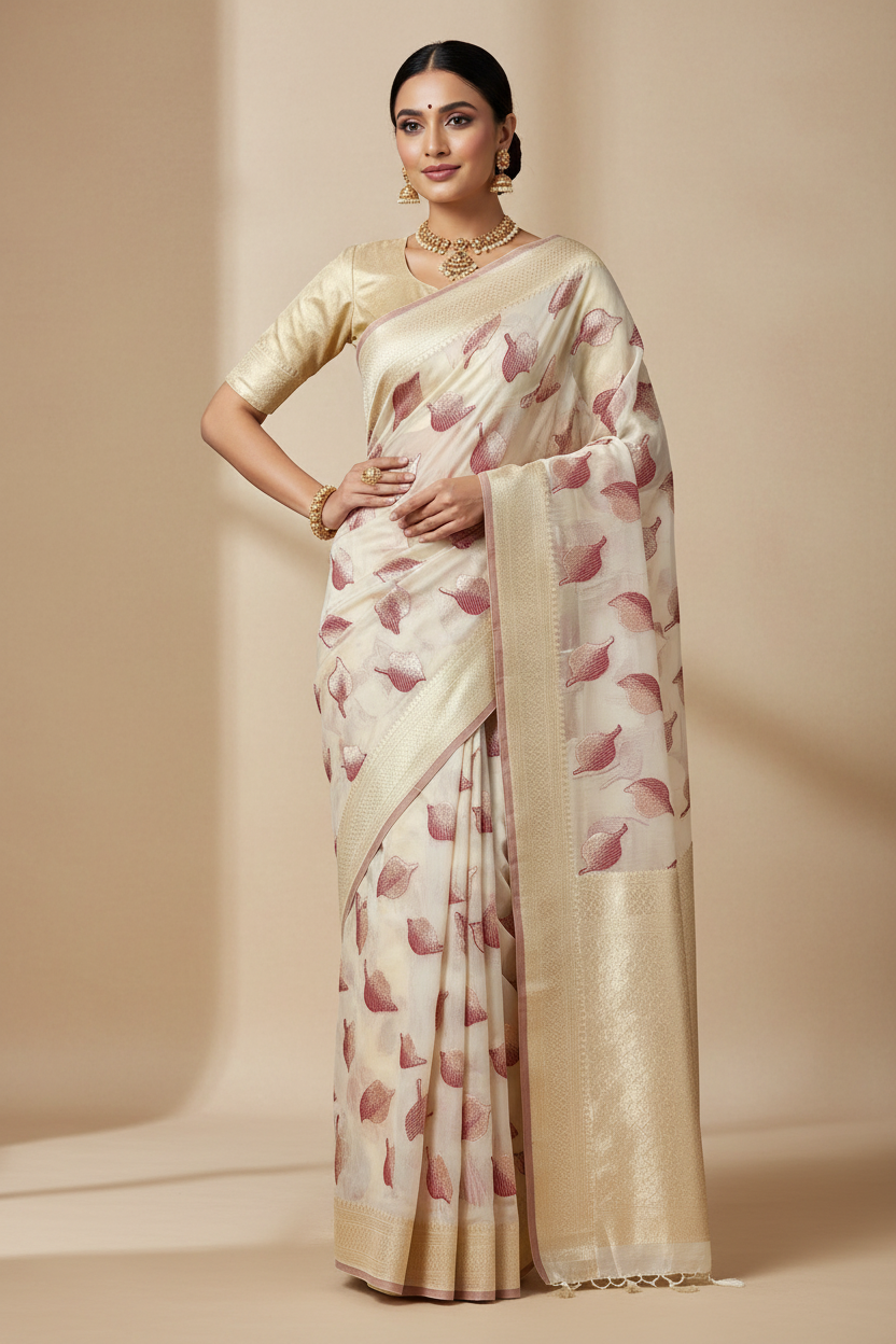 Banaras Katan Saree Off White Colour with Katan Work Border