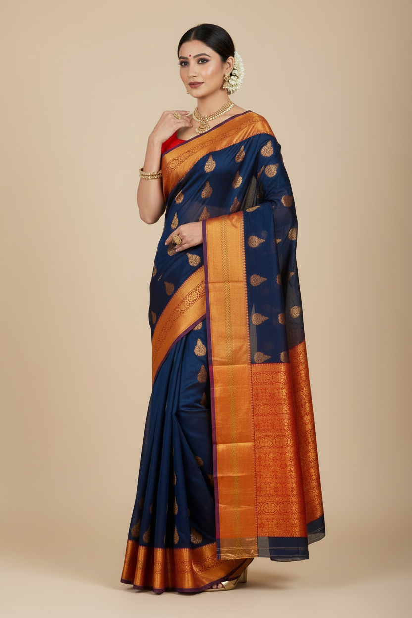 Navy Blue Shade Silk Cotton Saree with Copper Zari Border