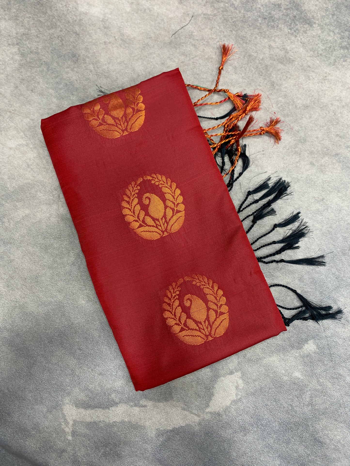 Soft Vegan Silk Saree Maroon Colour with Green and Copper Border