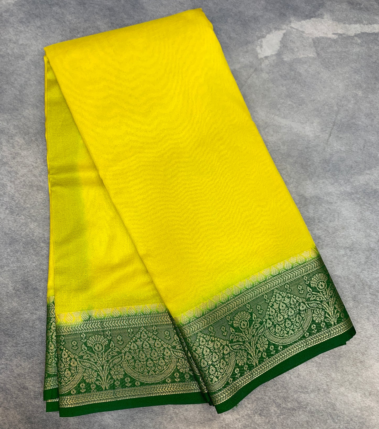 Crepe Saree Lemon Yellow Colour with Green Border