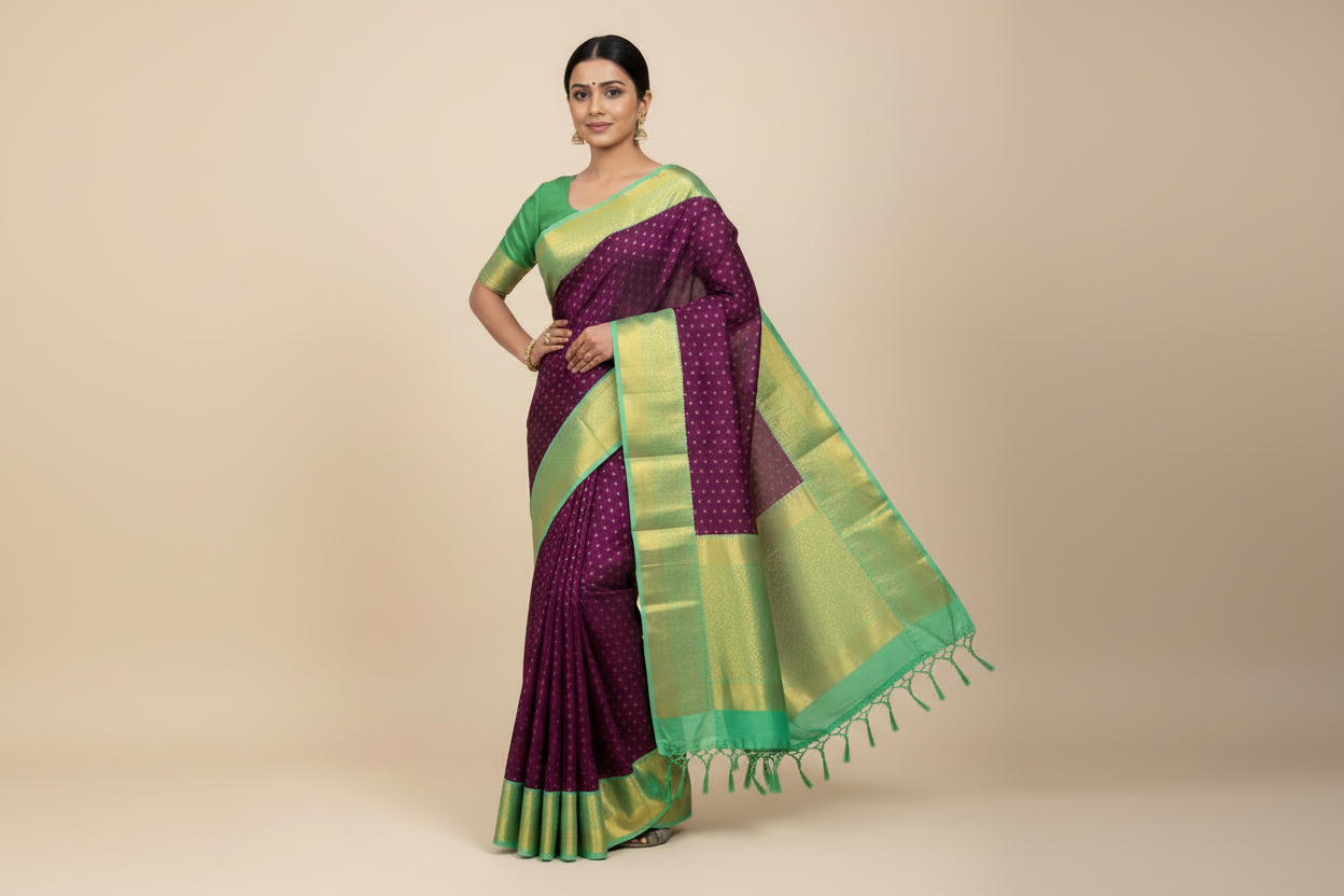 Pure Kanchipuram Silk Magenta Colour with Sapphire and Golden Zari Border