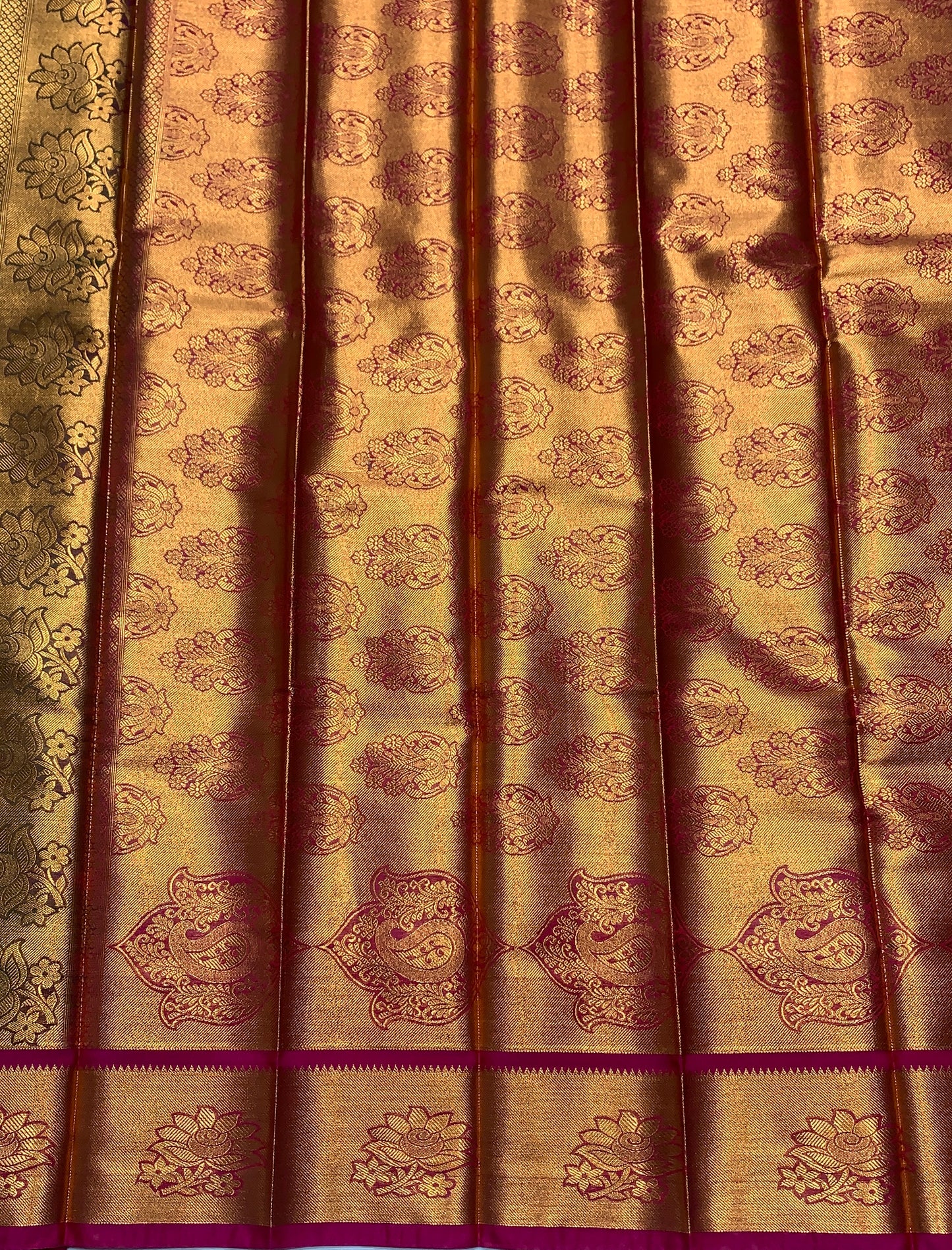 Vegan Silk Saree Olive Green Colour with Copper and Pink Border