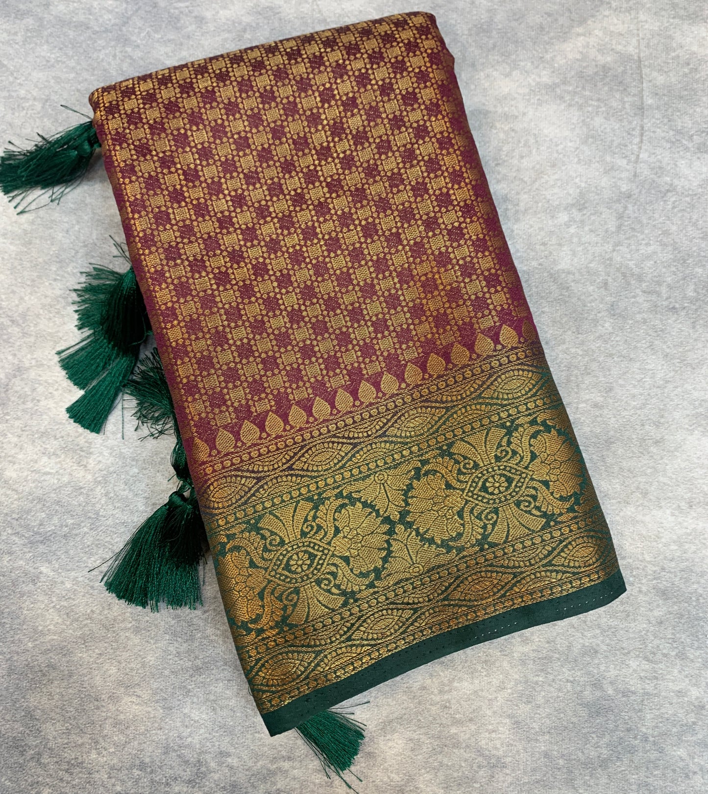 Crepe Saree Maroon Colour with Green Border