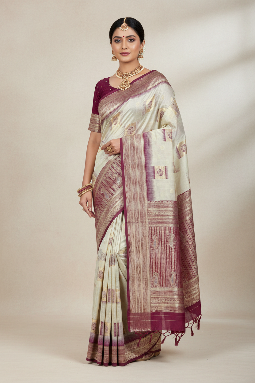 Banaras Katan Saree Off White Colour with Purple Katan Work Border