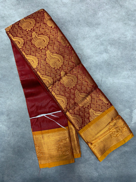 Vegan Silk Saree Maroon Colour with Copper and Golden Yellow Border
