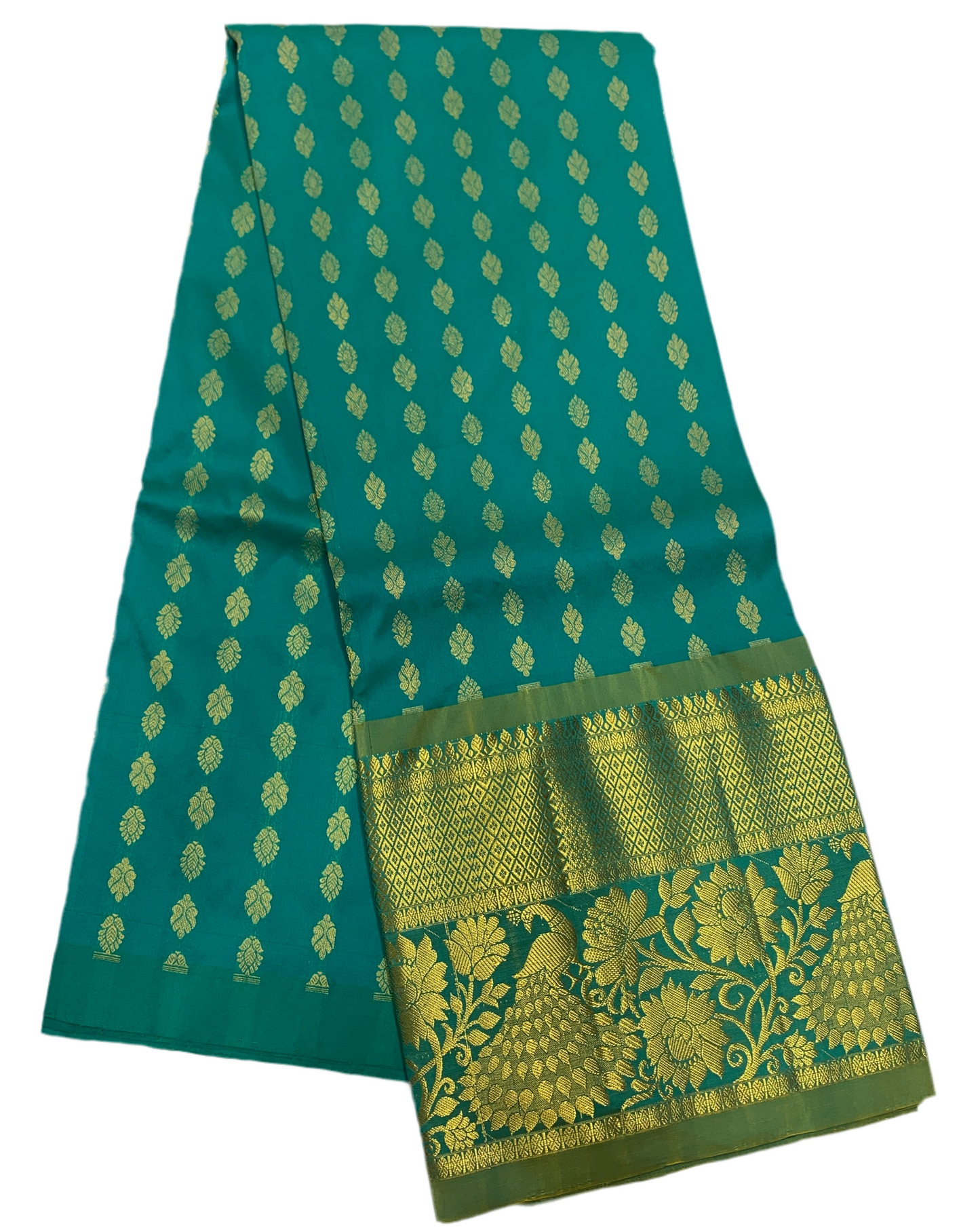 Rama Green shade Semi Silk Kids Pattu Pavadai with contrast border for age above 10 years