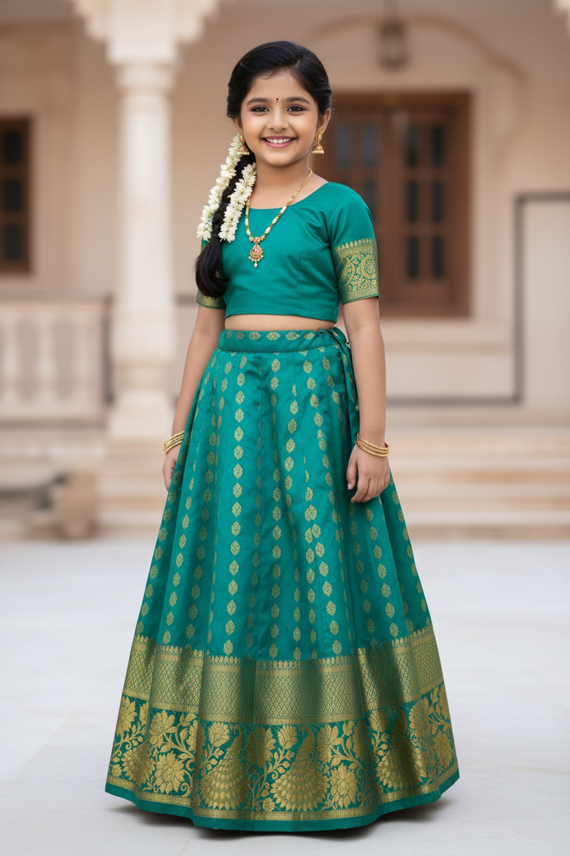 Rama Green shade Semi Silk Kids Pattu Pavadai with contrast border for age above 10 years
