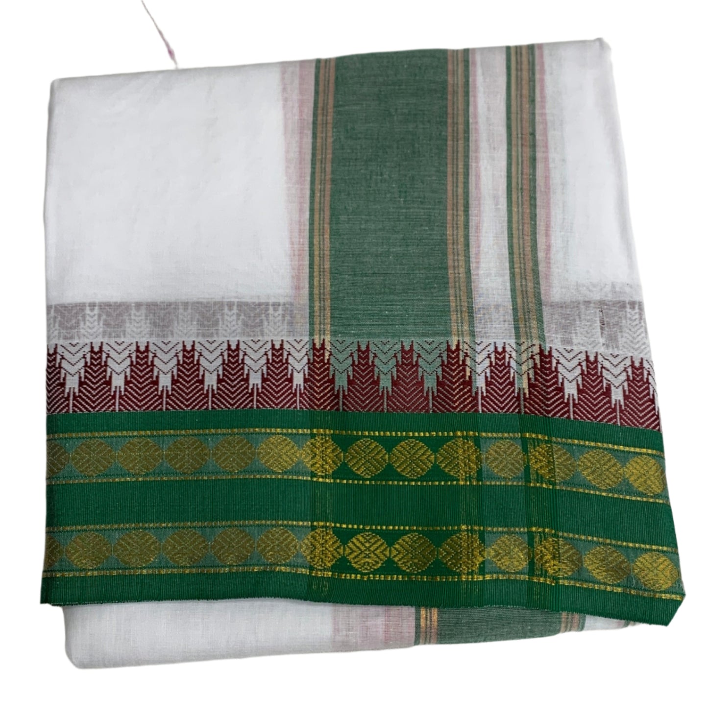9X5 Cotton Dhoti White Green Border with Angavastram