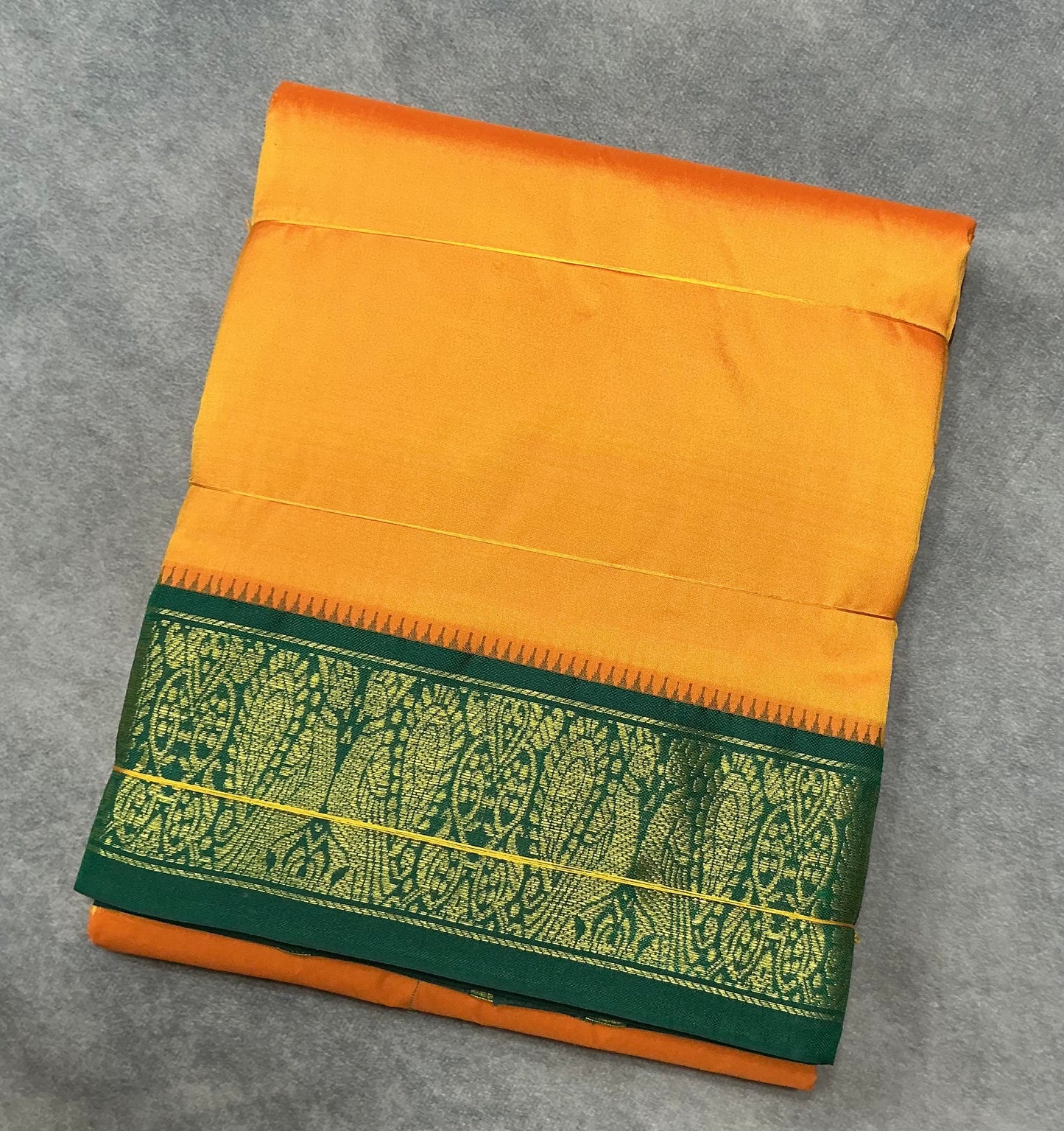 9X5 Pure Silk Dhoti Mango Yellow Colour with Green and Maroon Ganga Jamuna Border
