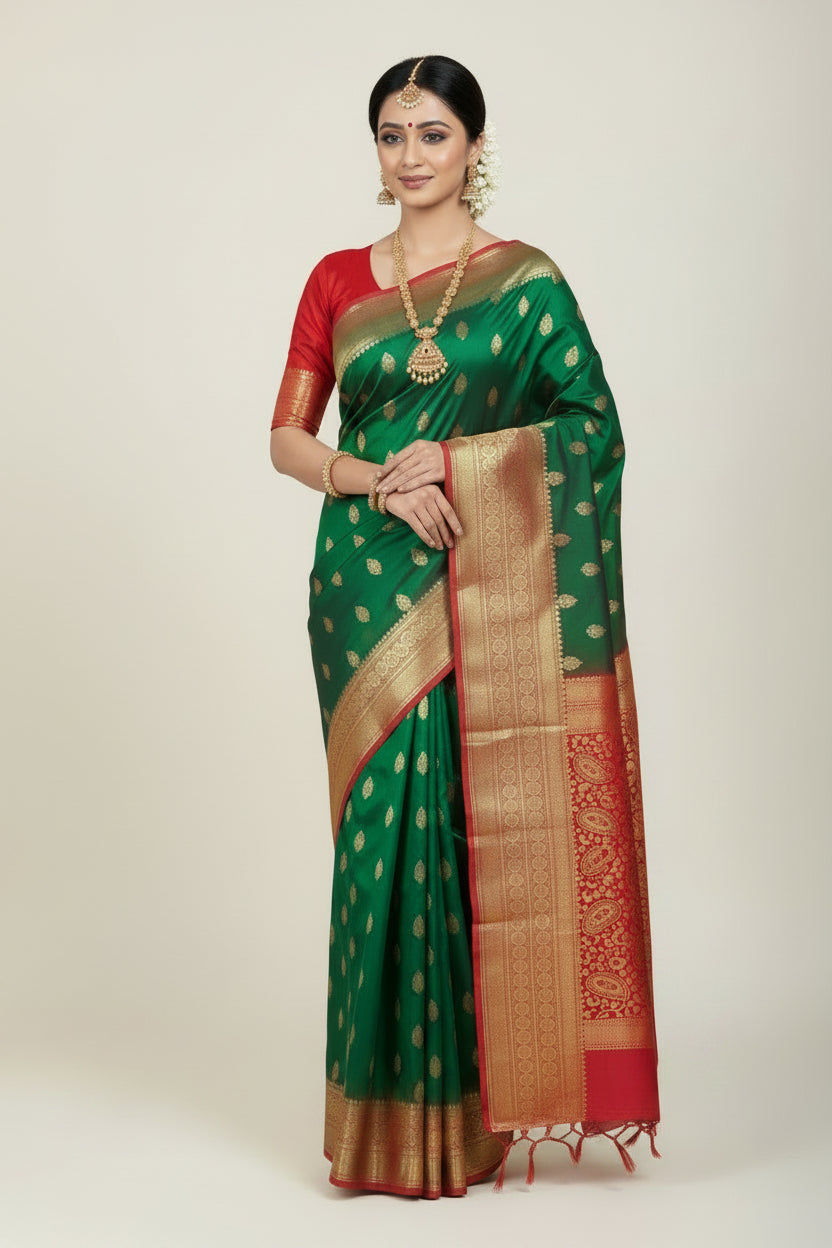Pure Kanchipuram Silk Green Colour with Red Border