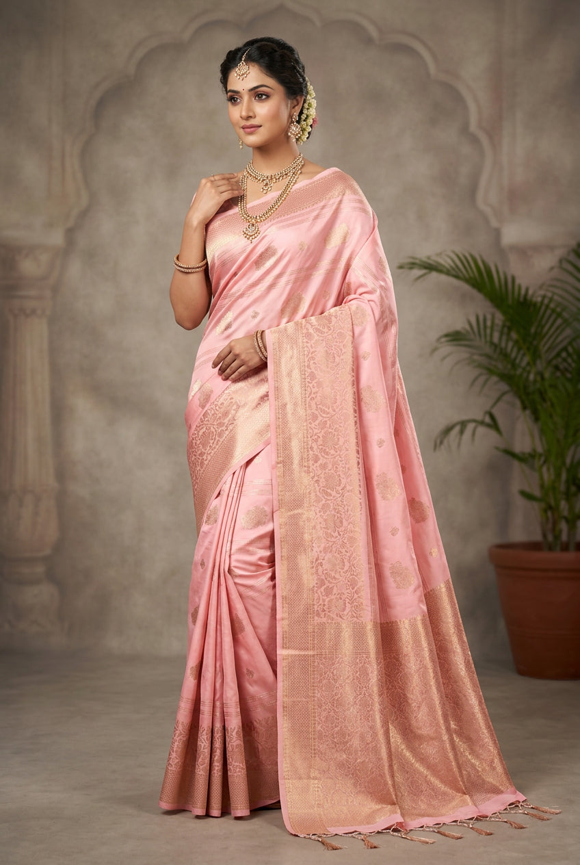 Art Silk Saree Peach Colour with Sliver Zari Border