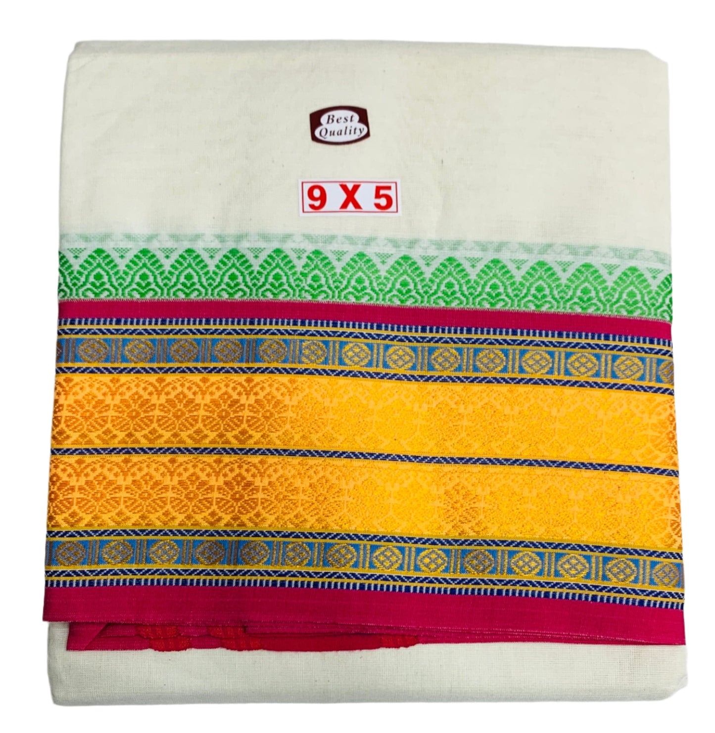 9X5 Cotton Unbleached Dhoti with Angavastram with Multi Colour Border