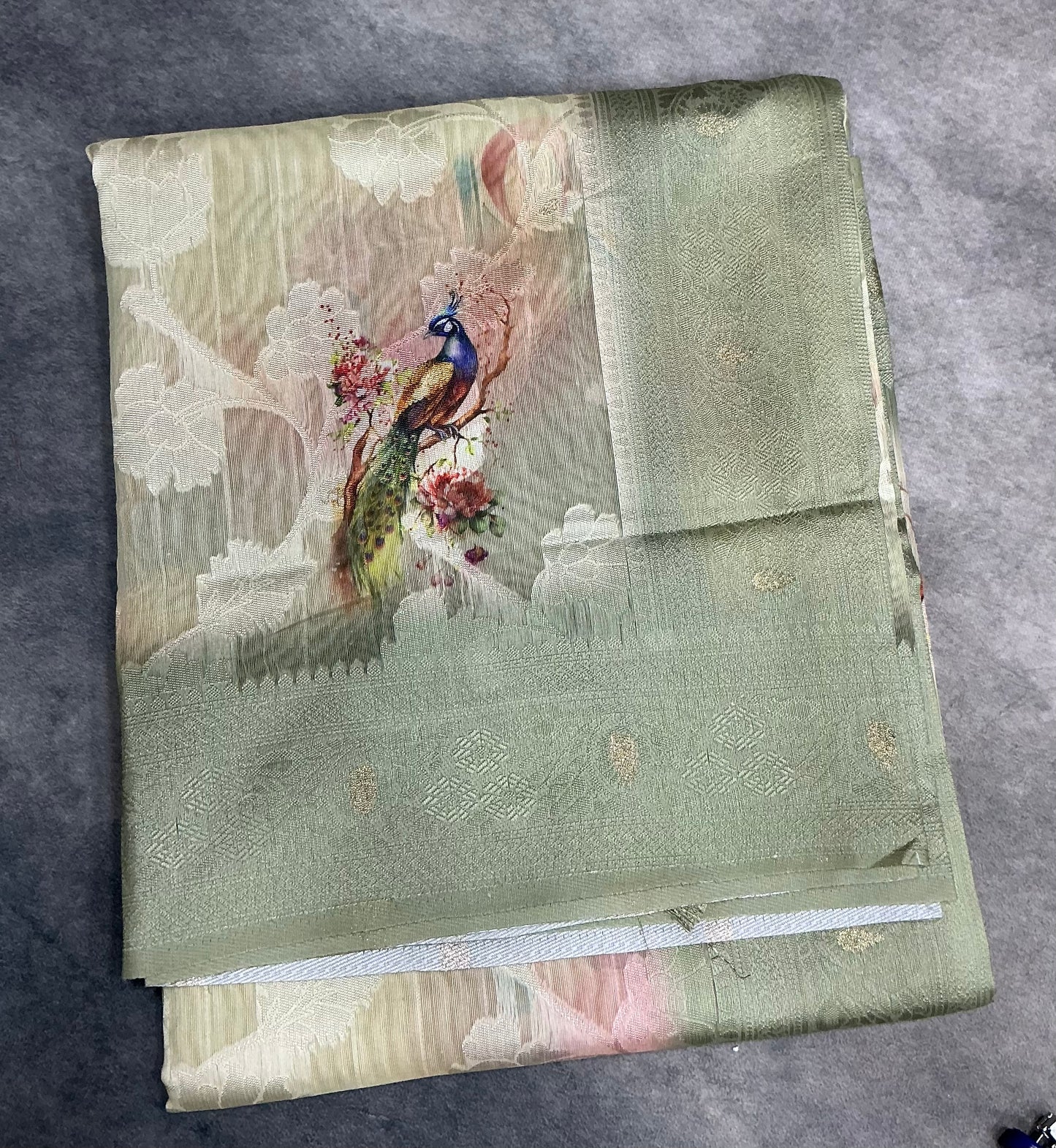 Digital Print Cotton Saree Army Green Colour with Floral and Birds Pattern