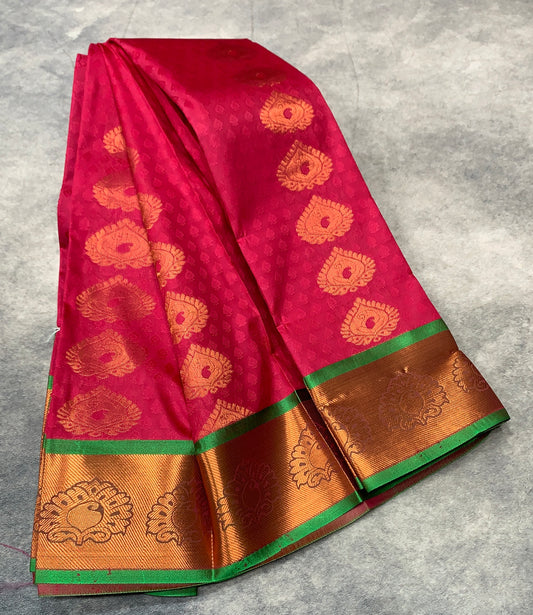 Vegan Silk Saree Pink Colour with Light Green and Copper Border