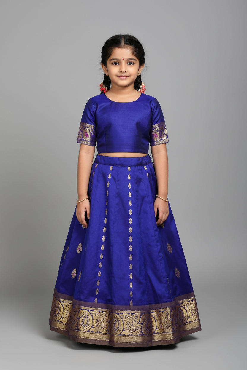 Blue shade Semi Silk Kids Pattu Pavadai with Contrast border for age above 10 years