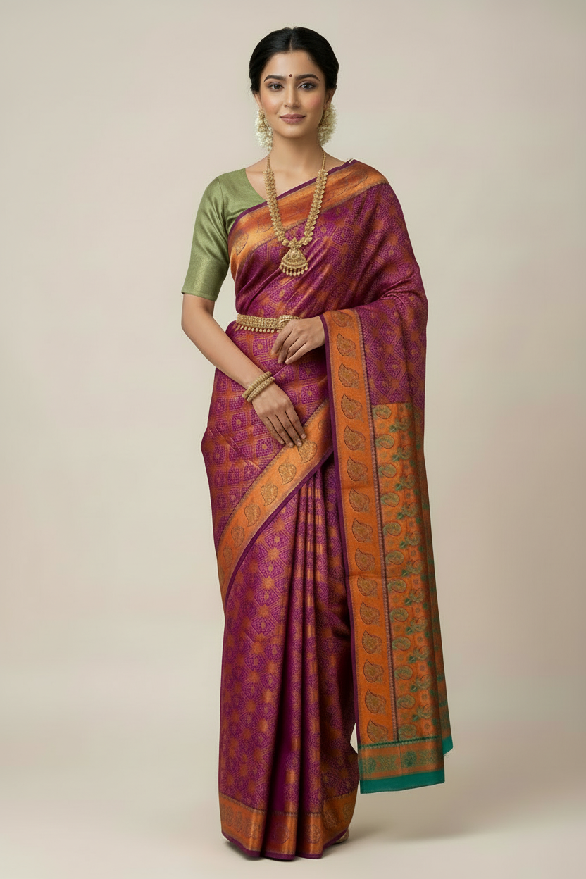 Vegan Silk Saree Magenta Colour with Pink and Copper Border