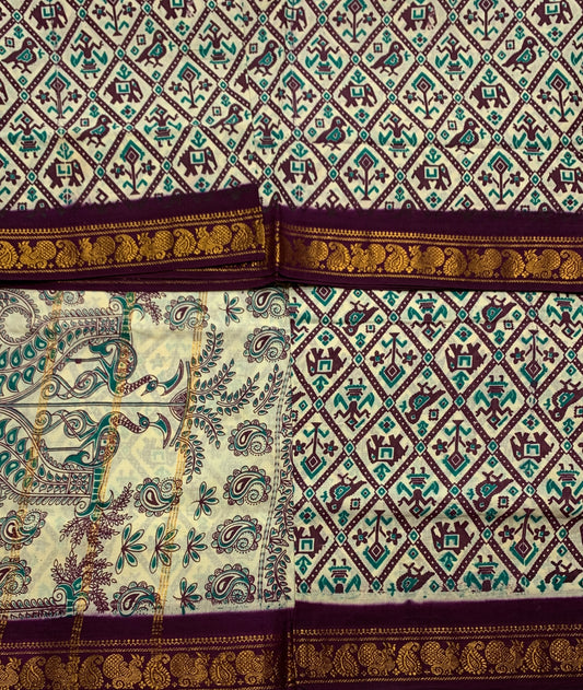 Chettinad Sungudi Cotton Cream Colour with Brown Colour Border