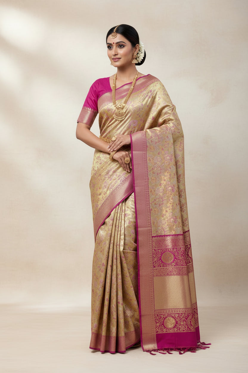 Sliver Pink Shade Soft Kanchi Tissue Pattu Saree with Pink border