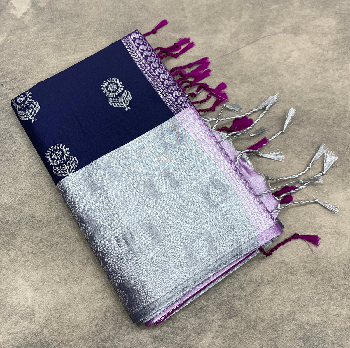 Art Silk Saree Navy Blue Colour with Sliver Zari Border