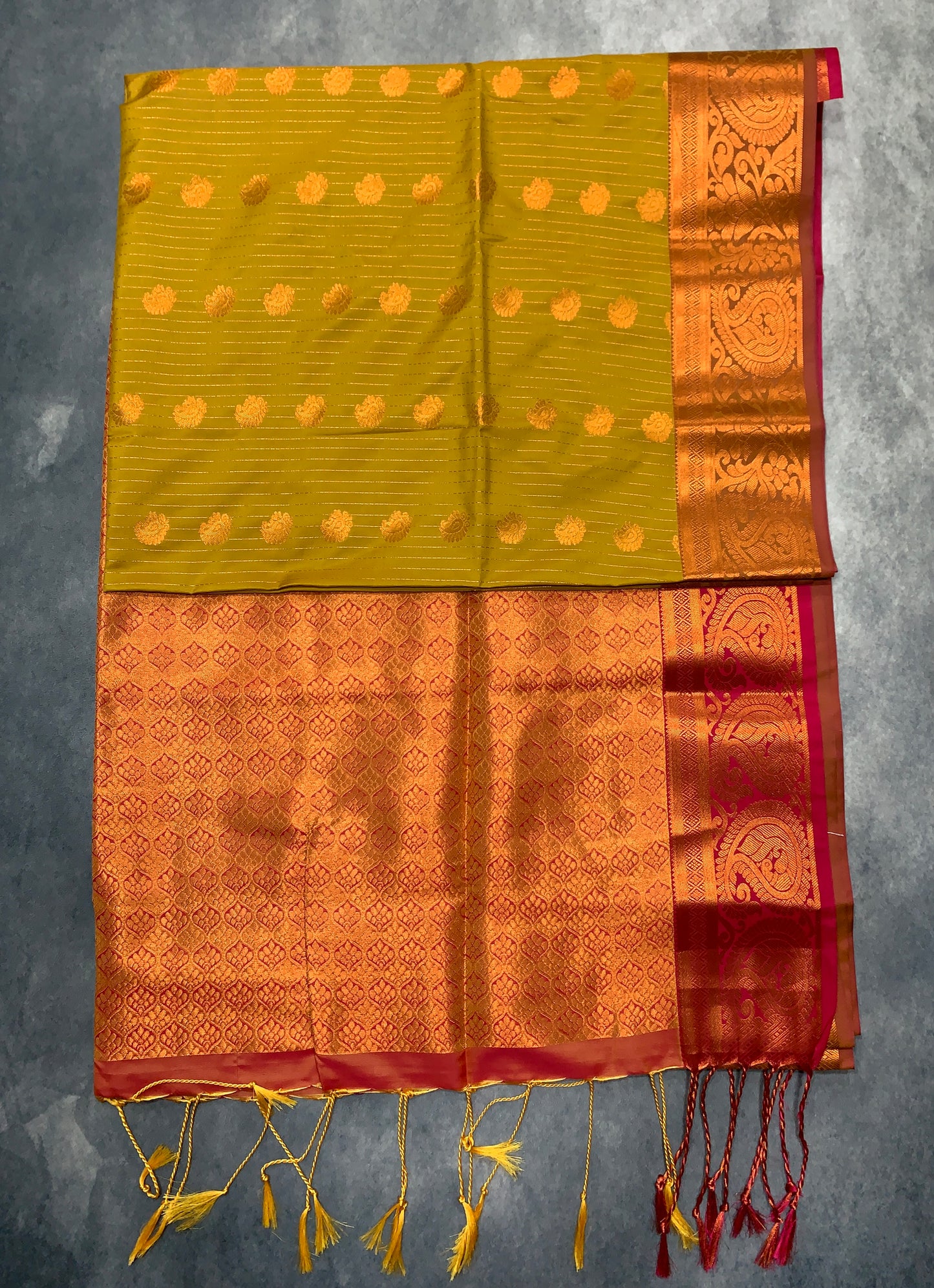 Soft Vegan Silk Saree Mustard Colour with Light Peach and Copper Border
