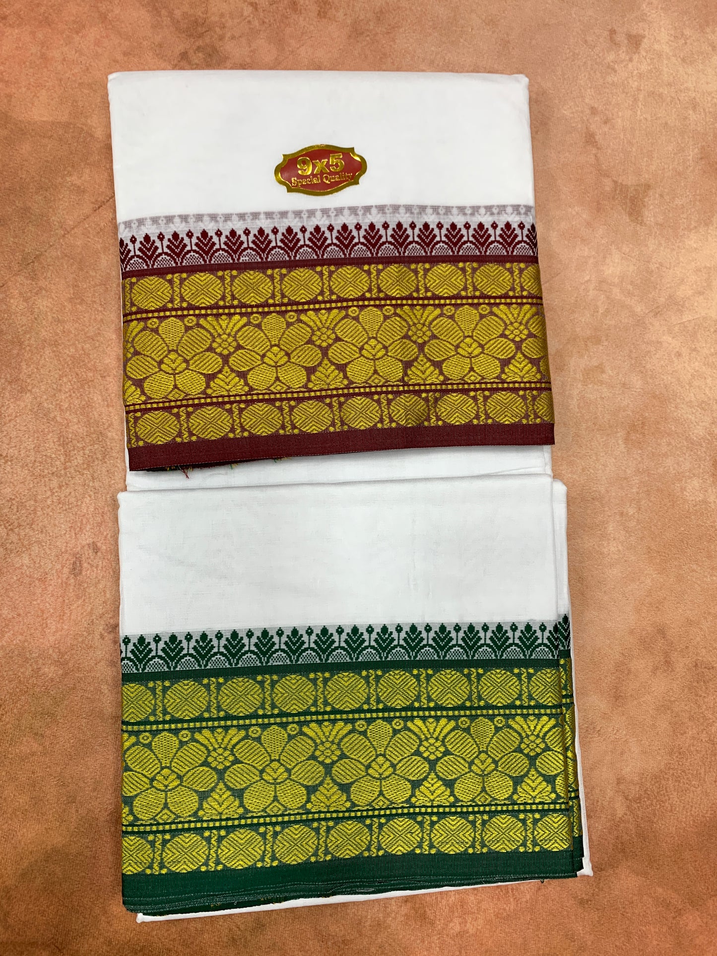 9X5 Cotton Dhoti White with Brown and Green Ganga Jamuna Border