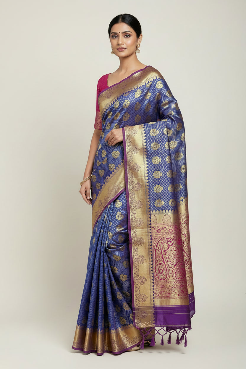 Vegan Silk Saree Blue Colour with Magenta and Copper Border