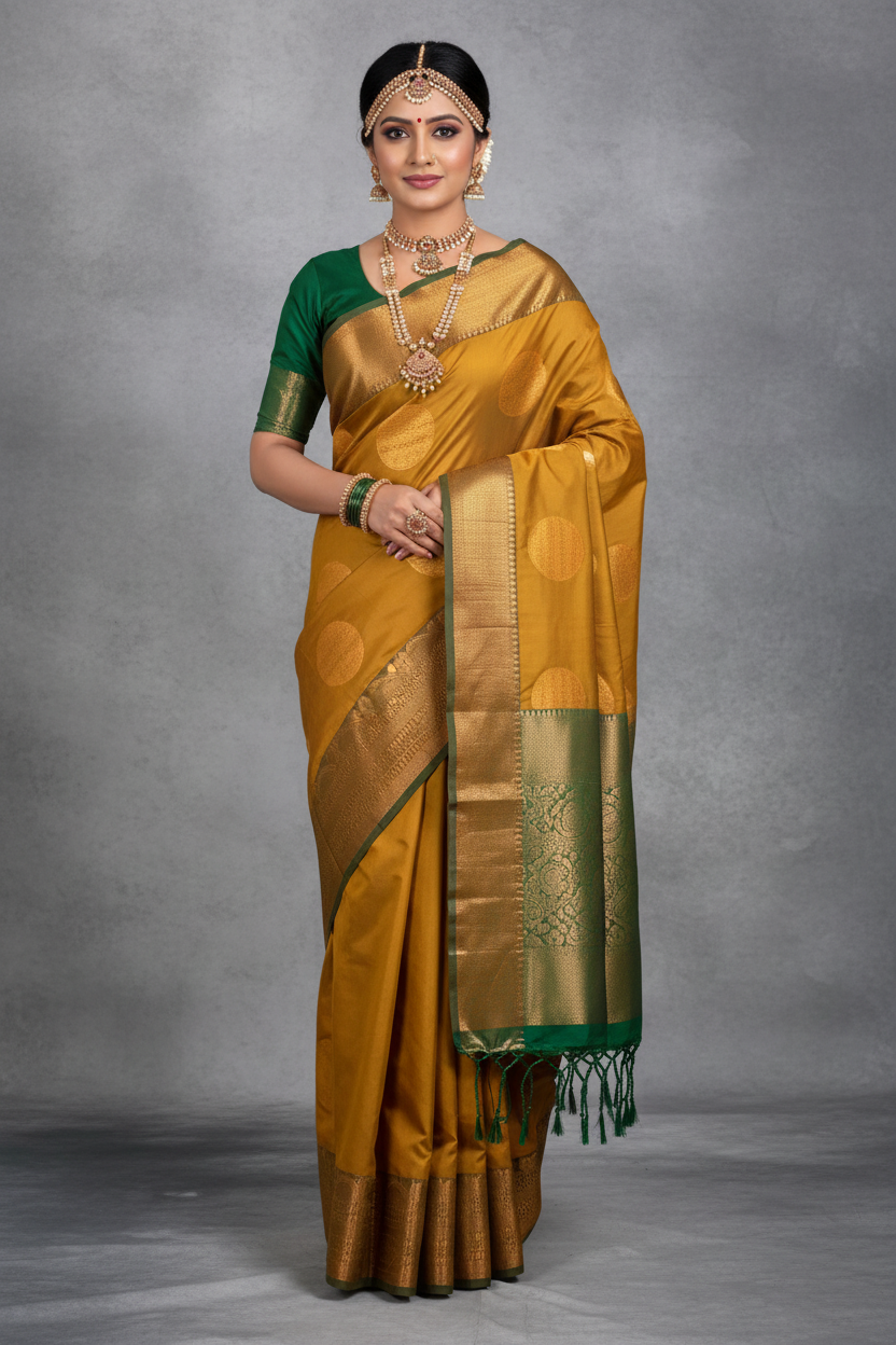 Soft Vegan Silk Saree Mustard Colour with Green and Copper Border