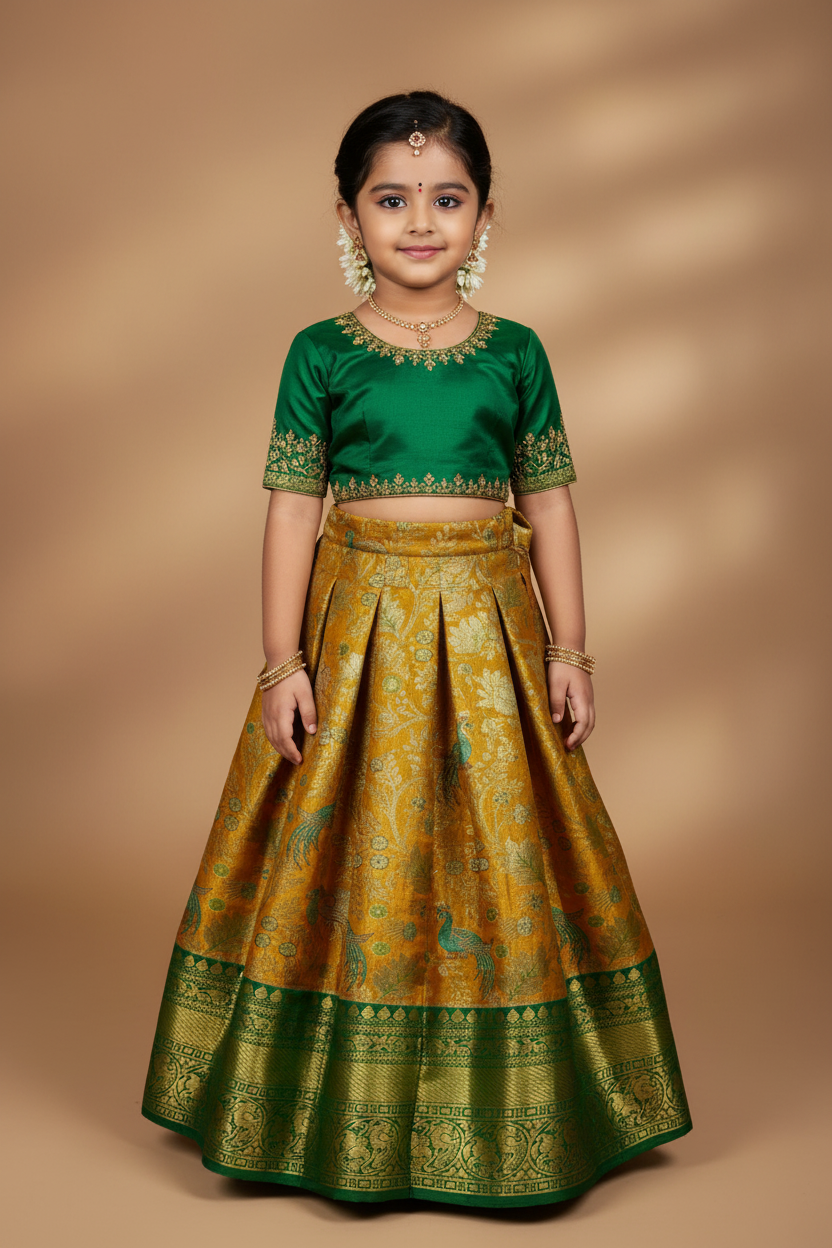 Golden Orange Shade Vegan Silk Kids Pattu Pavadai with Contrast Border for Newborn to 2 Years