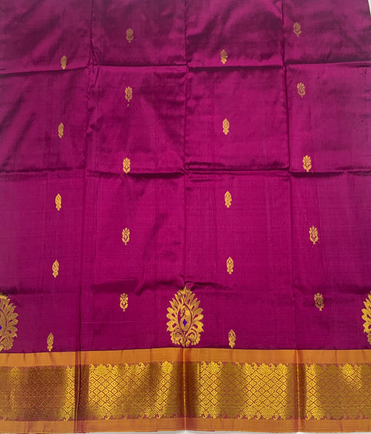 Magenta shade Pure kanchipuram Kids Pattu Pavadai with contrast border for newborn to 2 Years