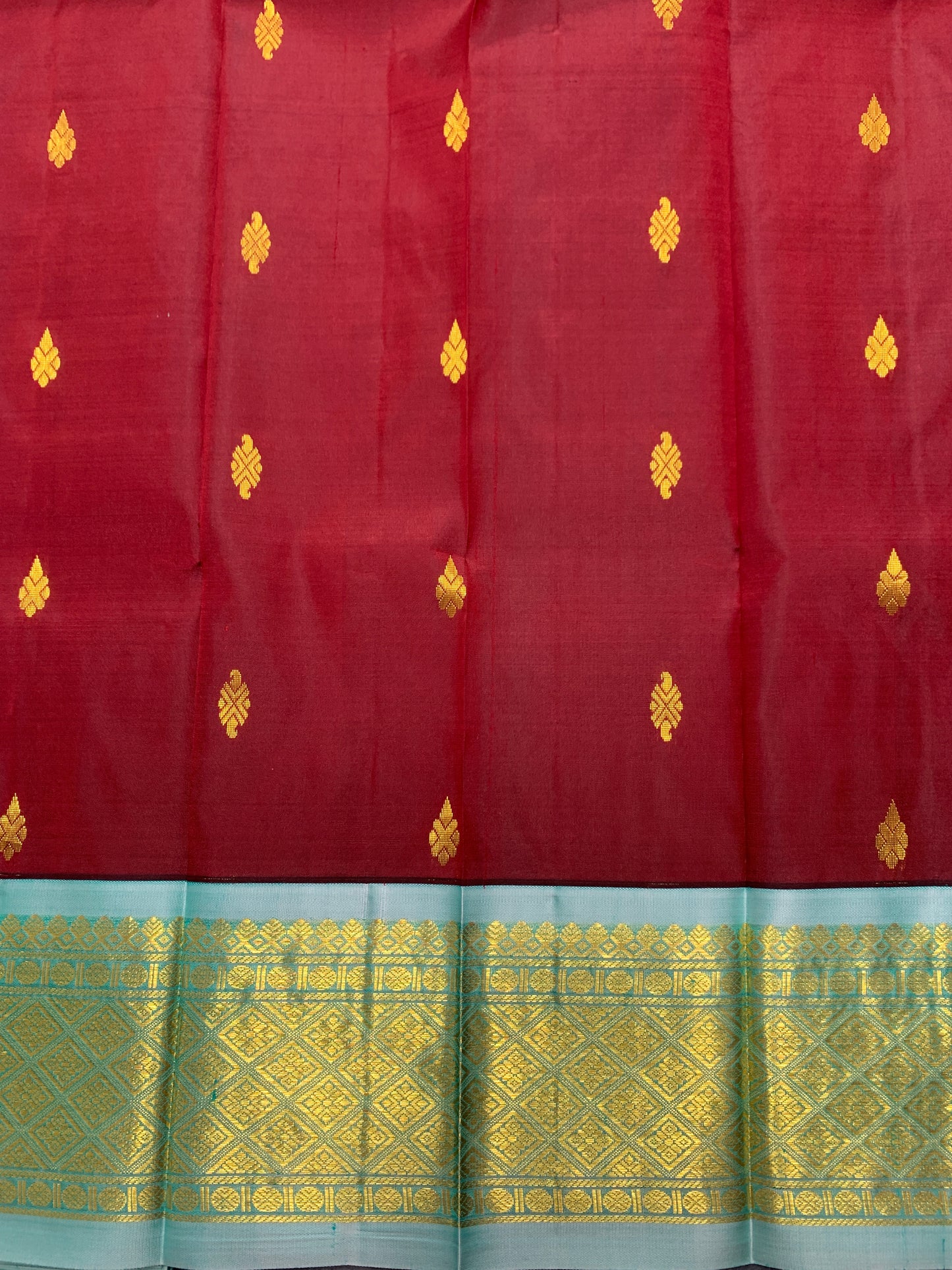Pure Kanchipuram Silk Saree Maroon Colour with Sky Blue and Gold Zari Border