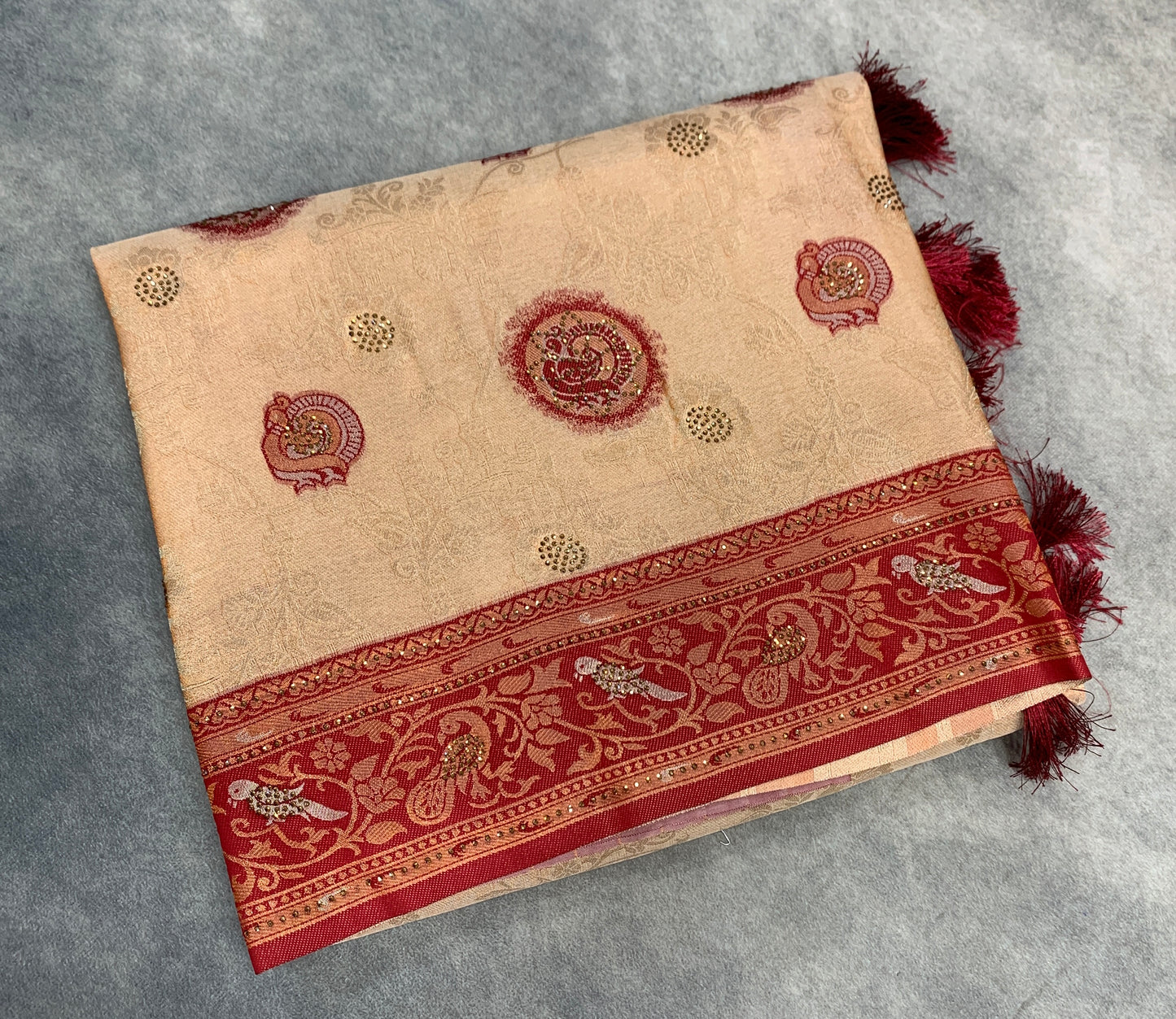 Fancy Tissue Saree Sandal Colour with Maroon Border