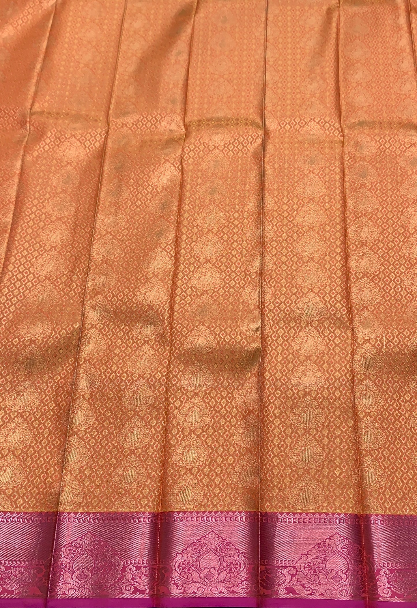 Vegan Silk Saree Golden Colour with Pink and Copper Floral Border