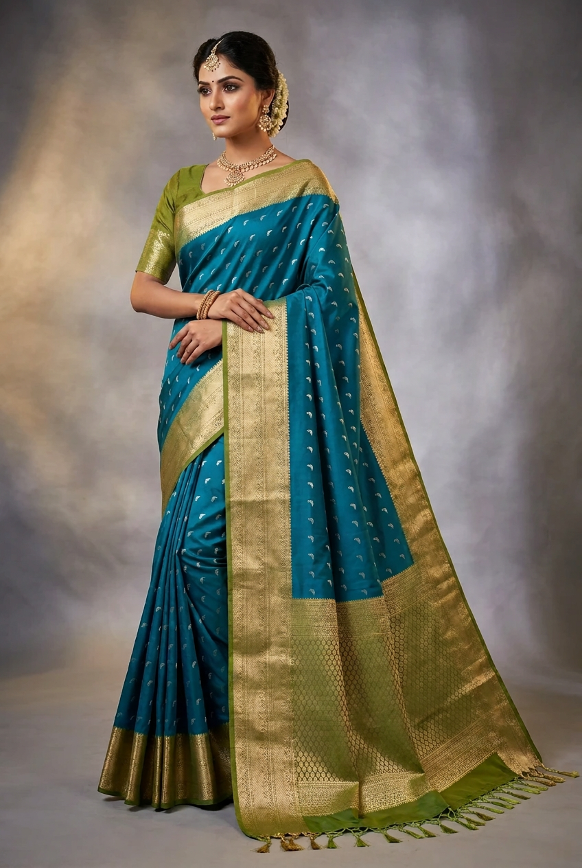 Art Silk Saree Peacock Green Colour with Olive Green Colour Border