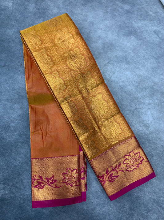 Vegan Silk Saree Golden Yellow Colour with Copper and Pink Border
