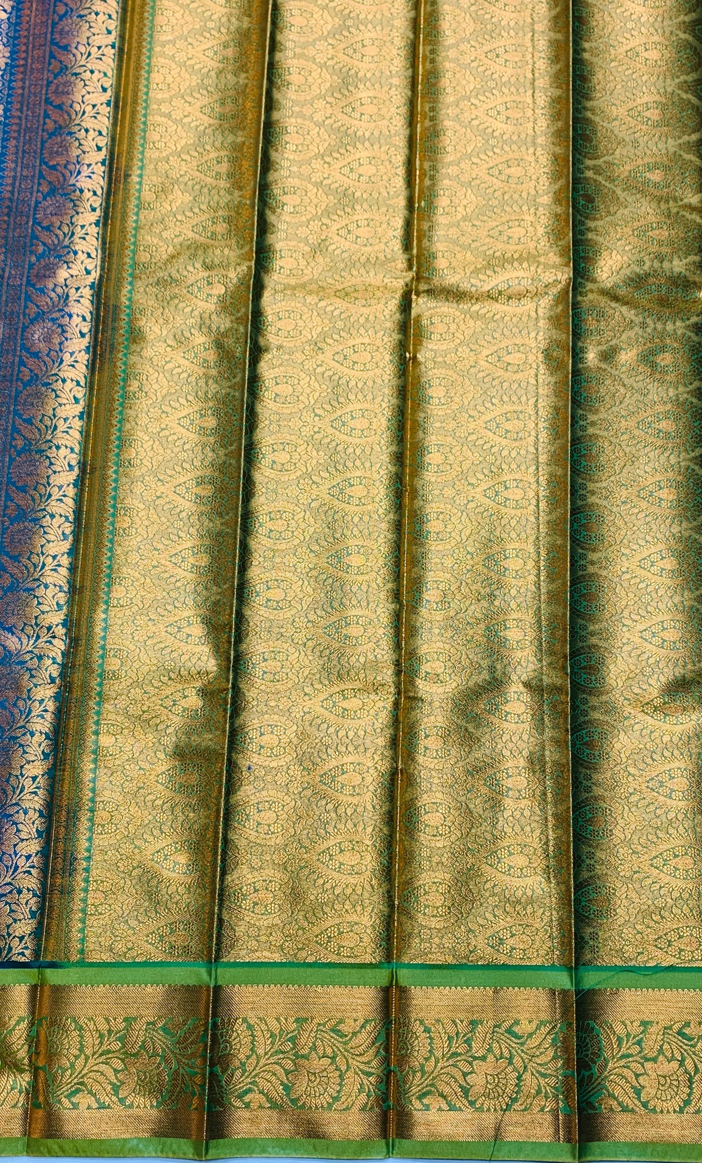 Vegan Silk Saree Rama Blue Colour with Copper and Light Green Border
