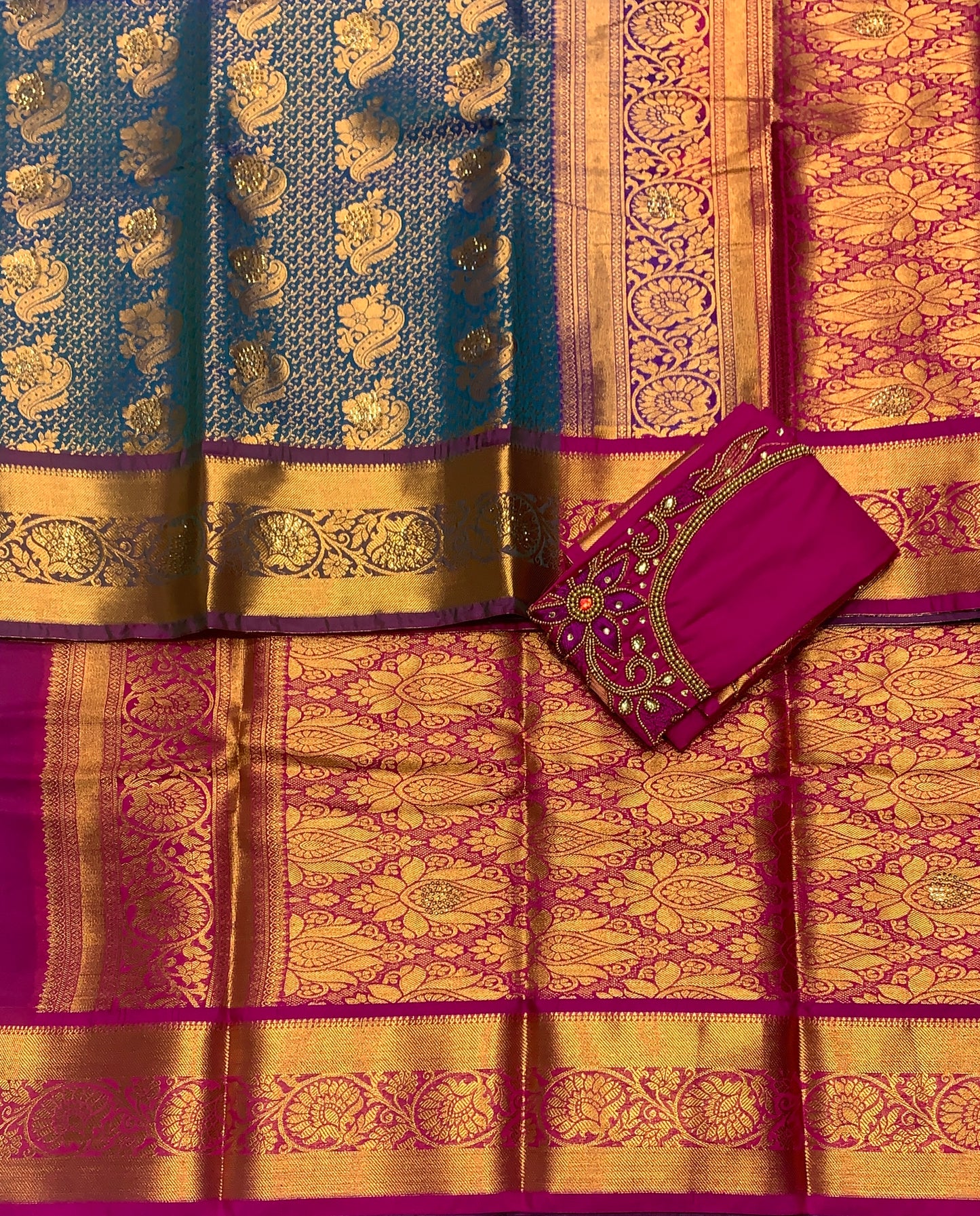 Bridal Vegan Silk Saree Peacock Blue shade with Purple Border with Unstitched blouse in Aari Work