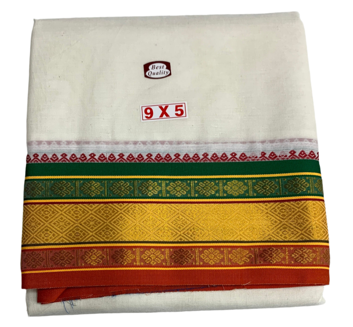 9X5 Cotton Unbleached Dhoti with Angavastram with Green,Maroon and Yellow Border